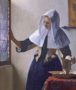 femalebeautyinart:  femalebeautyinart:  Detail of Woman With a Water Jug by Johannes Vermeer, c. 1665  #4 in my top five favourite posts. I love the way Vermeer paints light. The way it comes through her hood is my favourite part of this painting. 