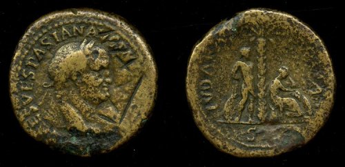 artofthedarkages: A Roman sestertius of the emperor Vespasian commemorating his conquest of Judea, w