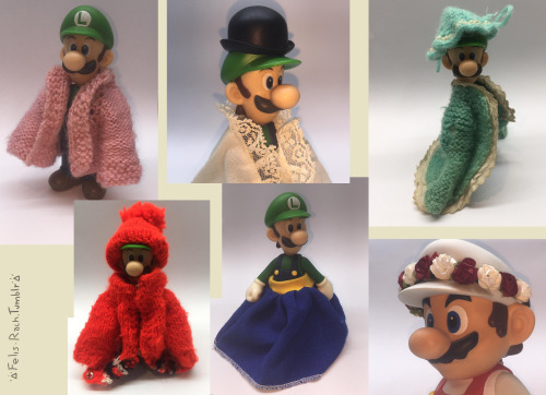 So, I found some old doll clothes and turns out Luigi is a natural model! :D (feat. fire Mario)