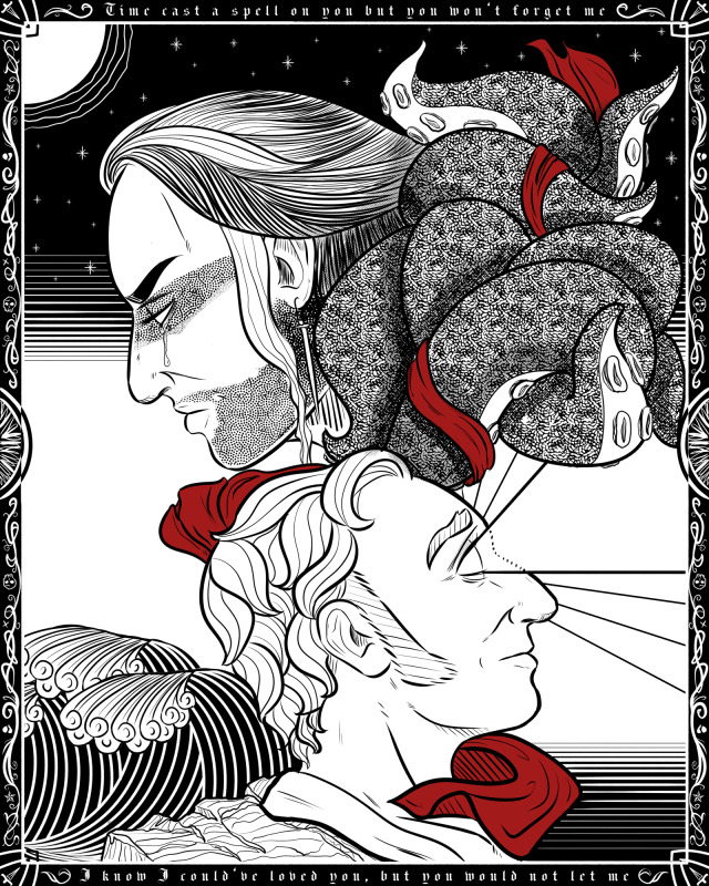 Illustration of Ed Teach and Stede Bonnet from Our Flag Means Death. Their heads are in profile. Ed is at the top of the illustration, looking to the left and slightly down. He is frowning and has the Kraken makeup on. A tear runs down his face. Behind his head, a mass of tentacles are coiled around each other. Below him is Stede, who is looking to the right and slightly up. His eye is wide open and a beam of light is shooting out. Waves crash against the rocks at his back, but the sea to his front is calm. There is a black border around the piece with decorative elements within it. At the top, a line from Fleetwood Mac's "Silver Springs": "Time cast a spell on you but you won't forget me." The next line is at the bottom: "I know I could've loved you, but you would not let me."