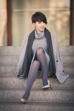 pantyhoseparty:Grey tights, dress and coat