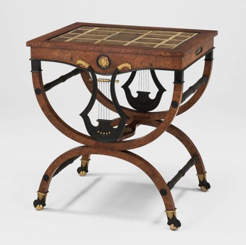 cultureandkitsch:Table, c.1800, Germany, burl maple, fir, or pine, gilt and patinated bronze, marble