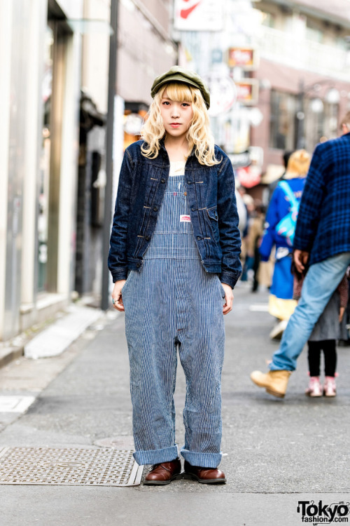 Japanese vintage shop owner Honoca on the street in Harajuku wearing a vintage style with an Old Joe