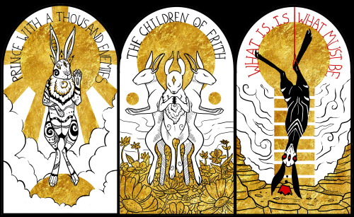 foxflightstudios:  This is the whole triptych based on the religious origin story of Watership Down.For today’s inktober I am thinking of going in and adding borders and stuff but we’ll see.On the left is El-ahrairah, the middle are earthly rabbits,