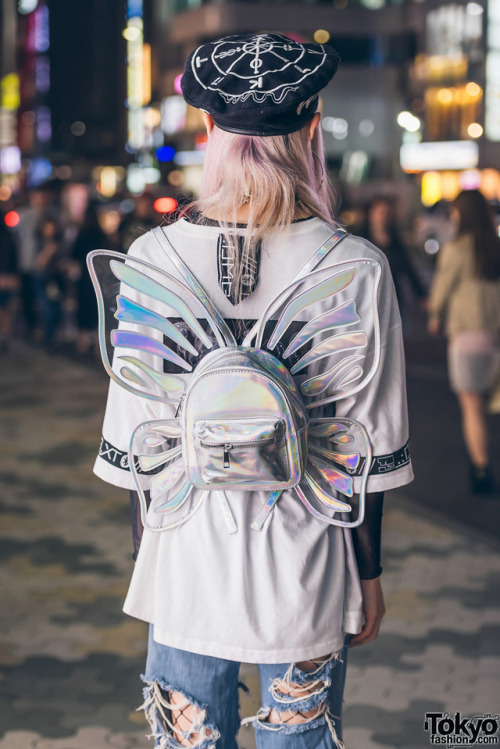 19-year-old transgender Japanese fashion student Layla on the street in Harajuku wearing a KTZ &