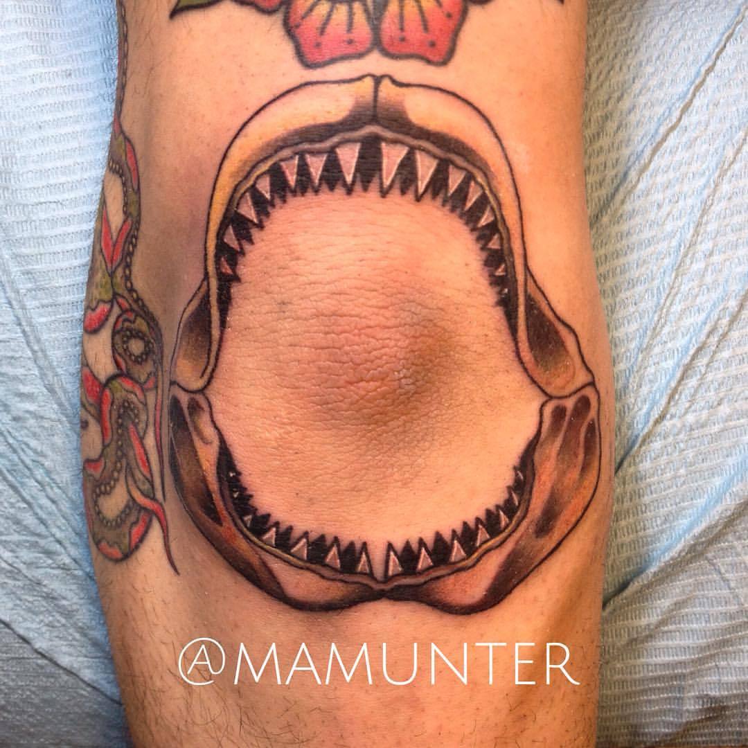 Shark jaw over the elbow for Ben      tattoo brisbanetattooartist  brisbane brisbanetattooist traditional traditionaltattoo  Instagram
