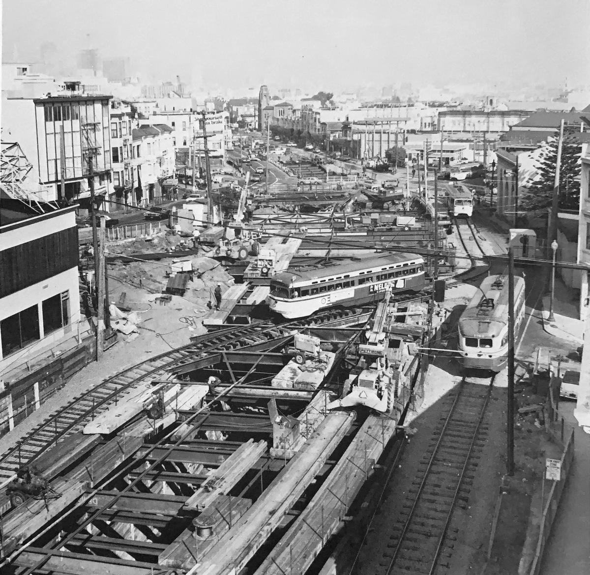 historicaltimes:  Falsework and temporary tracks allow regular streetcar service