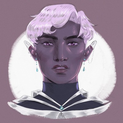A portrait of Essek Thelyss from Critical Role. He is shown from the shoulders up and looks straight at the viewer, a little haughty, with his chin up and the smallest hint of a smile.