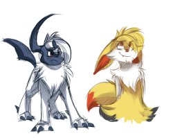 azula-griffon:  My two male pokemon that originally look female. then i gave them a more male look..Absol gets big eyebrows and braixen gets male eyes, a goatee, and spikey floof hair.  Edit: made this male character because of Jestre’s comment &ldquo;I