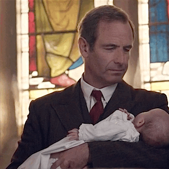 britishdetectives:Vicar Detective Sidney Chambers and Detective Geordie Keating and a baby.I need to