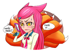 avrildraws:  I heard that people in Japan answer the phone by saying “moshi moshi?” because, according to legends, a kitsune masquerading as a human cannot say the word “moshi” twice, so naturally my mind wen Edit: So I should probably include