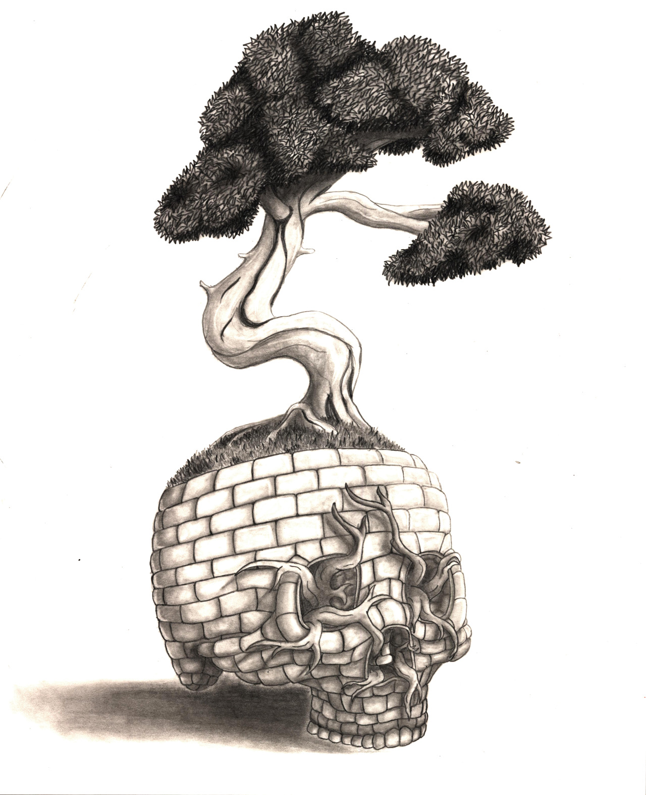 This texture drawing of a bonsai tree emerging out of a brick skull was created by Michael Short (Game Art, current student).