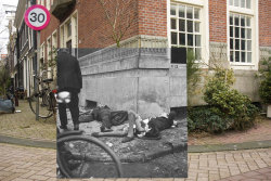fungus:  bominslag (bomb explosion) by cas oorthuys, taken in 1941 during the nazi occupation of the netherlands, overlaid with the same corner in modern day. 