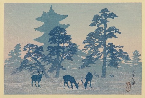 overdose-art:Shiro Kasamatsu (笠松紫浪), “Mount Akakusa” & “Nara Park”, 1930