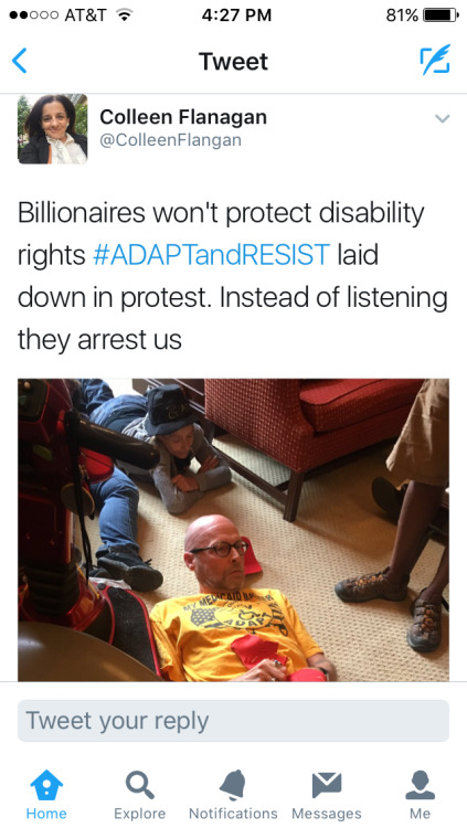 kahki820: mysticben: Disabled and chronically ill Americans protesting the repeal of the affordable care act today outside senate majority leader Mitch McConnell’s office, June 22nd. The response? Capitol police violently moving them as always. Fuck