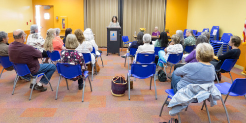 Milana Marsenich read and signed copies of her novel Copper Sky at North Lake County Public Library,