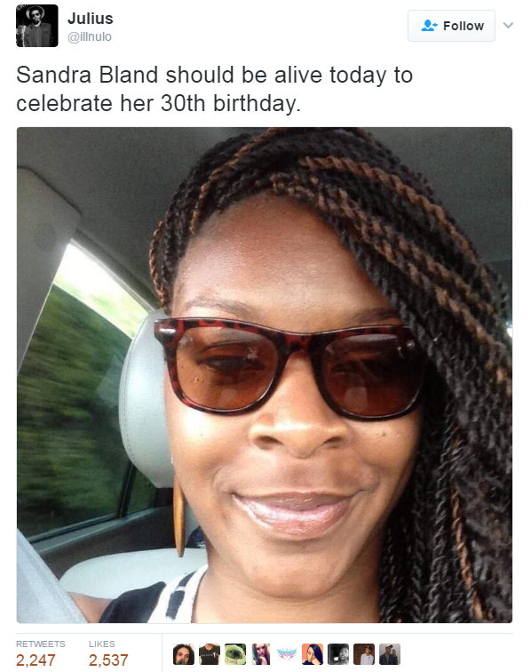 nevaehtyler:  Sandra Bland should be turning 30 years today. She was murdered a year