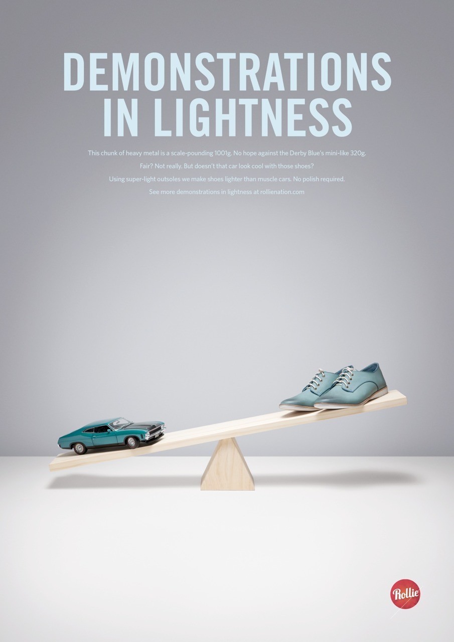 Shoes are lighter than a car?
A toy car that is. The idea of this ad is very simple. A toy car weighs more than a pair a shoes is very creative.
However, the copy is so long that it makes it unnecessary. The picture and the headline were really only...