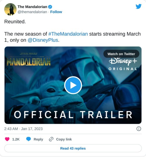 Reunited.
The new season of #TheMandalorian starts streaming March 1, only on @DisneyPlus. pic.twitter.com/2SsRS4FtLB
— The Mandalorian (@themandalorian) January 17, 2023