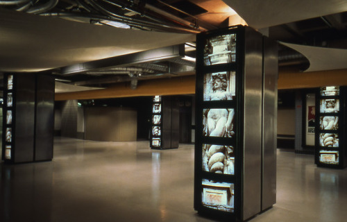 gallowhill:  Jim Campbell - Ruins Of Light installation at the America West Sports Arena in Phoenix, Arizona, 1992-2002  (…) The four stainless steel enclosures contained the four real concrete structural columns of the building, and because the work