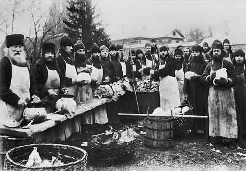 Monks prepare cabbage for the winter at the Smolensk Monastery of St. Zosima, Vladimir Region, 1900&