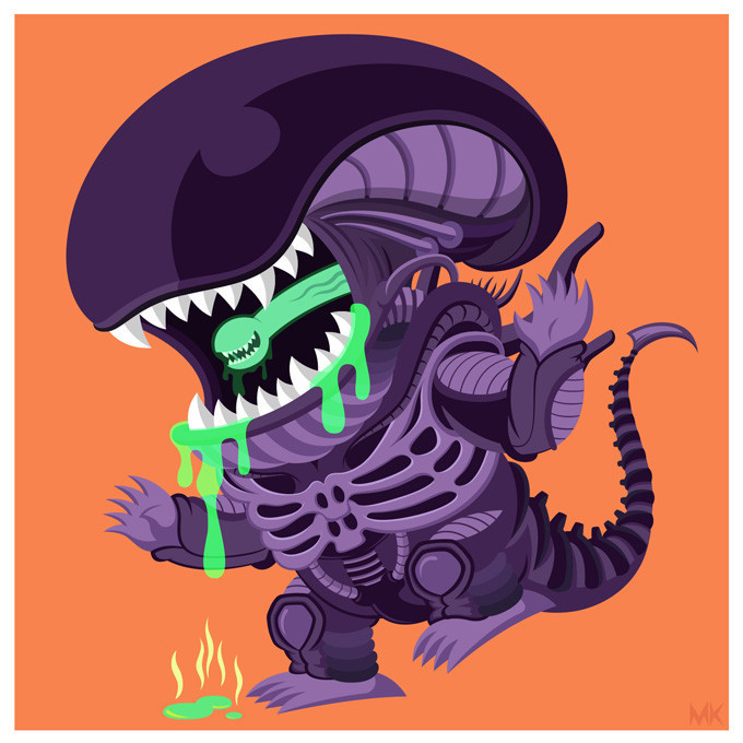 xombiedirge:  Xenomorph, Facehugger &amp; Chesbuster by Megan Kelly 5” X 5”