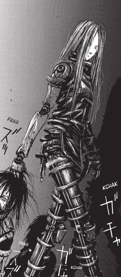 Black and white manga panel of a synthetic lifeform with long hair that's a mix of light and dark pulling someone along the ground by their hair. The synthetic lifeform has exposed joints and makes clacking noises as they walk, and the person being dragged has a dead eye stare.