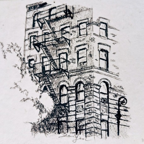 Friends Apartment Building in NY, ink on recycled paper by Zaiguu