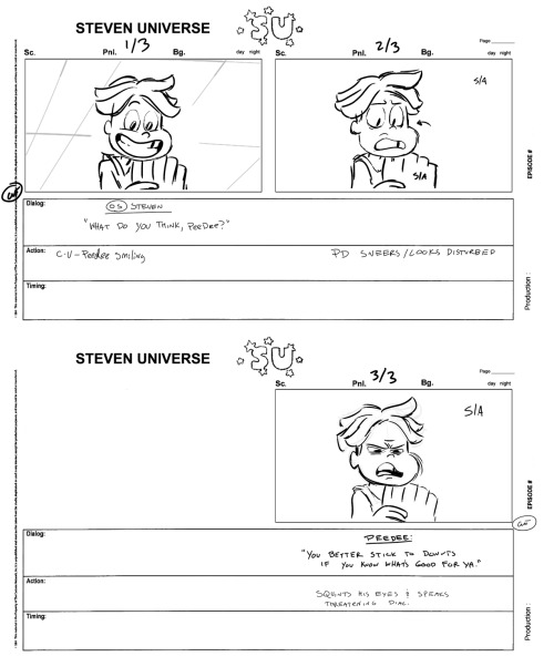 From Storyboard Artist Raven M. Molisee:  Here’s an extended part of one of the scenes I did for “Joking Victim” with Steven and Sadie taking orders at the counter. Just a short extra character interaction that unfortunately got trimmed out for