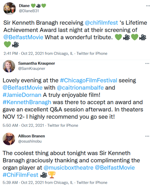 Kenneth Branagh + Twitter reactions to his Belfast screening, Lifetime Achievement Award presentatio