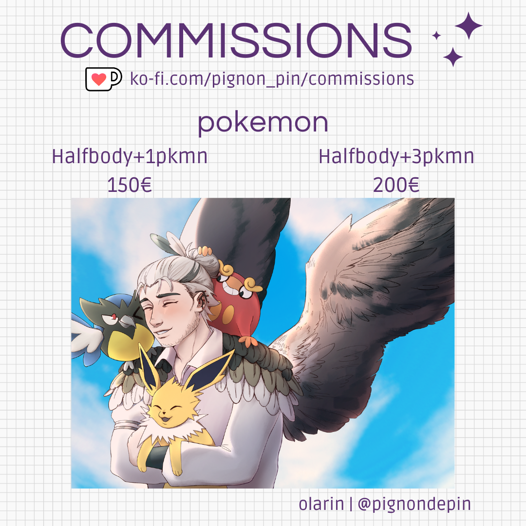 olarin's commission sheet, showing an example of a character and three different pokemons as a commission option