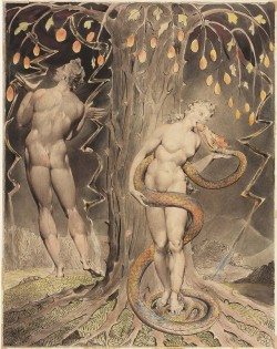 cdtvtrapadmirer:  artist-blake: The Temptation and Fall of Eve, 1808, William BlakeSize: 49.7x38.7 cmMedium: pen, watercolor, paper The origins of cuckoldry.