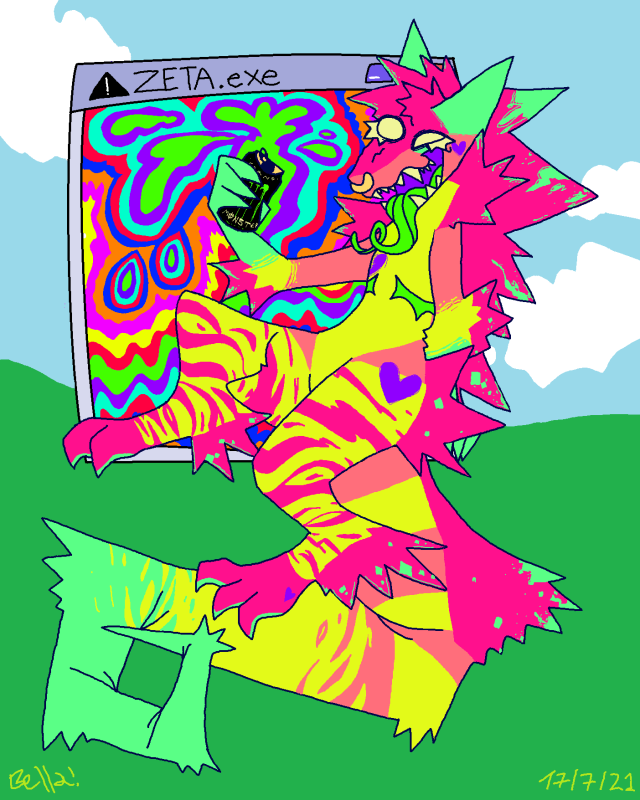 A sparkle-dinosaur like creature with top surgery sitting over a psychedelic Windows XP screen. The creature is laughing and showing its long tongue and holding a Monster Energy Drink Can.