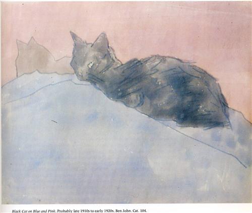 thisandcat:Gwen John (1876–1939), Black Cat on Blue and Pink, 1910-20