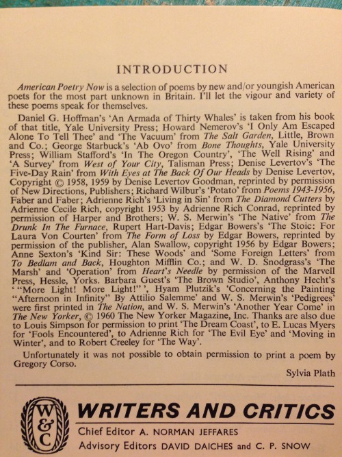 American Poetry Now, edited by Sylvia Plath, published in 1961 (full text here)