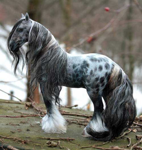 quequinoxart:  “Kismet” ooak appaloosa gypsy vanner horse sculpture. He is made from polymer clay over a wire and foil armature, and painted in acrylics. His hair is a blend of mohair.  He’s for sale on etsy! 