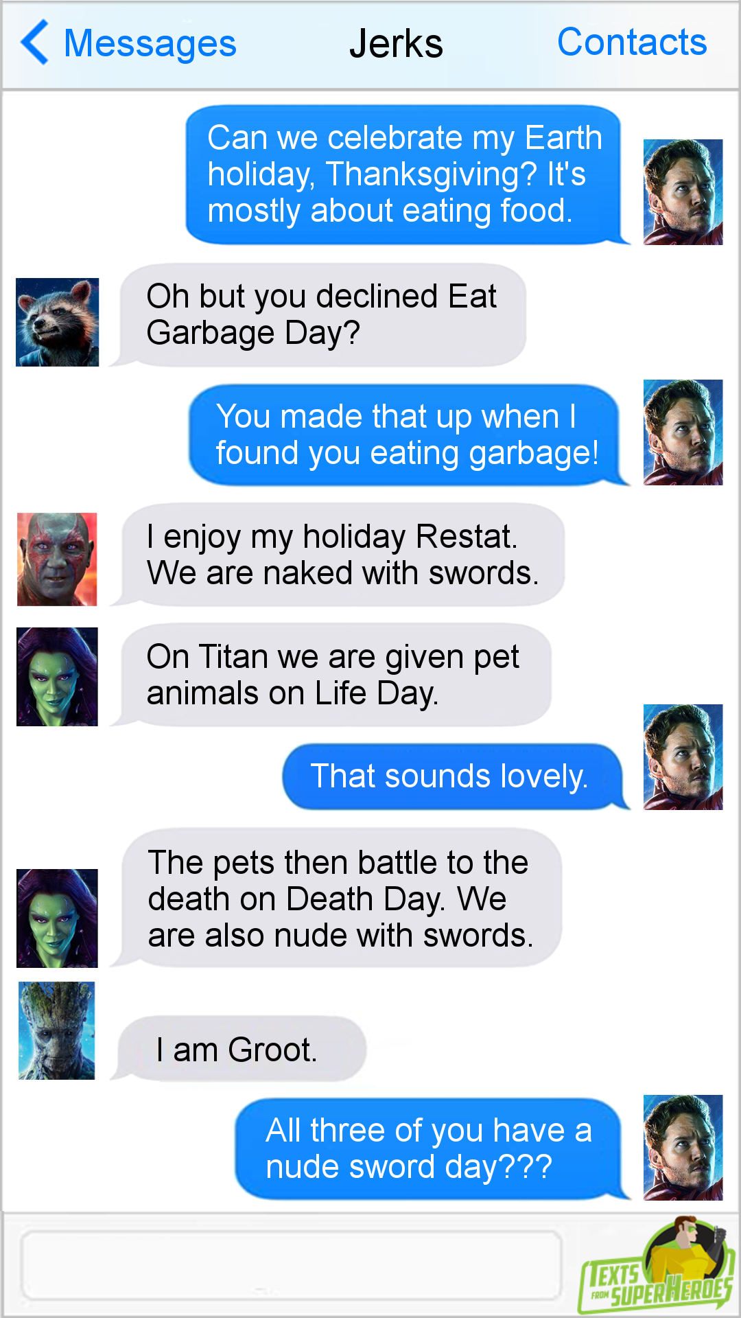 fromsuperheroes:  Texts From Superheroes: Best of Thanksgiving  Nude Sword Day needs