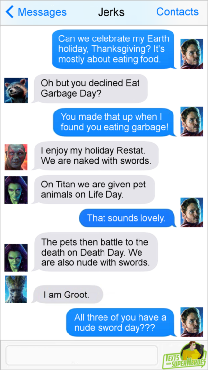 fromsuperheroes:  Texts From Superheroes: Best of Thanksgiving  Nude Sword Day needs to be a thing.