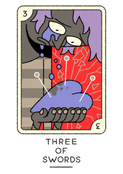 joe-sparrow:  It’s been over two weeks since the last Tarot Tuesday! This will not stand. I faffed around with this one for a while, not sure if I like it yet but the hiatus ends now! I might redo it later.Today’s card is the Three of Swords. Often