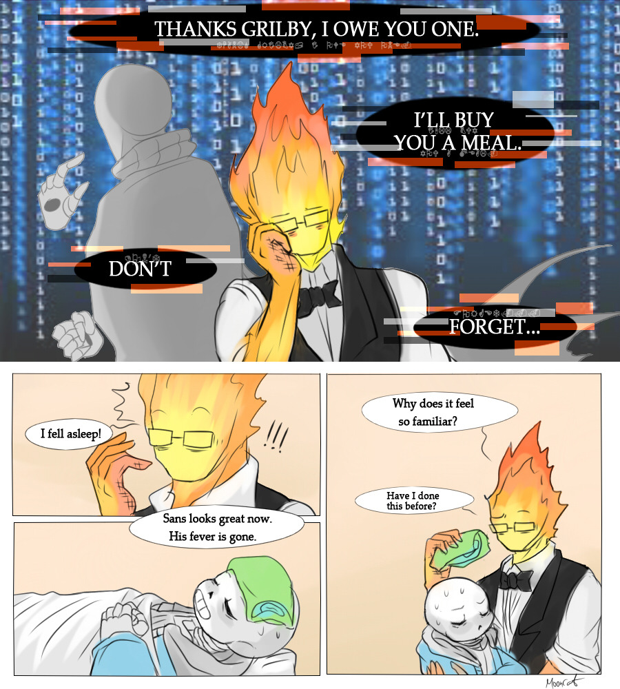 mooncatyao:  [FEVER] When Gaster is sick… Grillby takes care of him.This is the