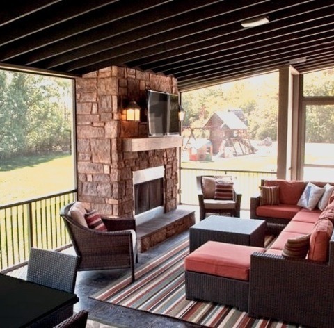 Sun Room - Expansive Huge Image Of A Sunroom In Terra Cotta Tiles With A Stone Fireplace, A Standard