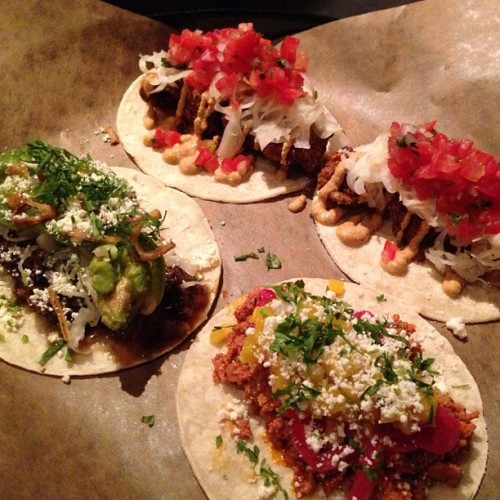gastropost:From Gastroposter Will Lam, via Instagram:Cod, Beef cheek and Chorizo Tacos from La Carni