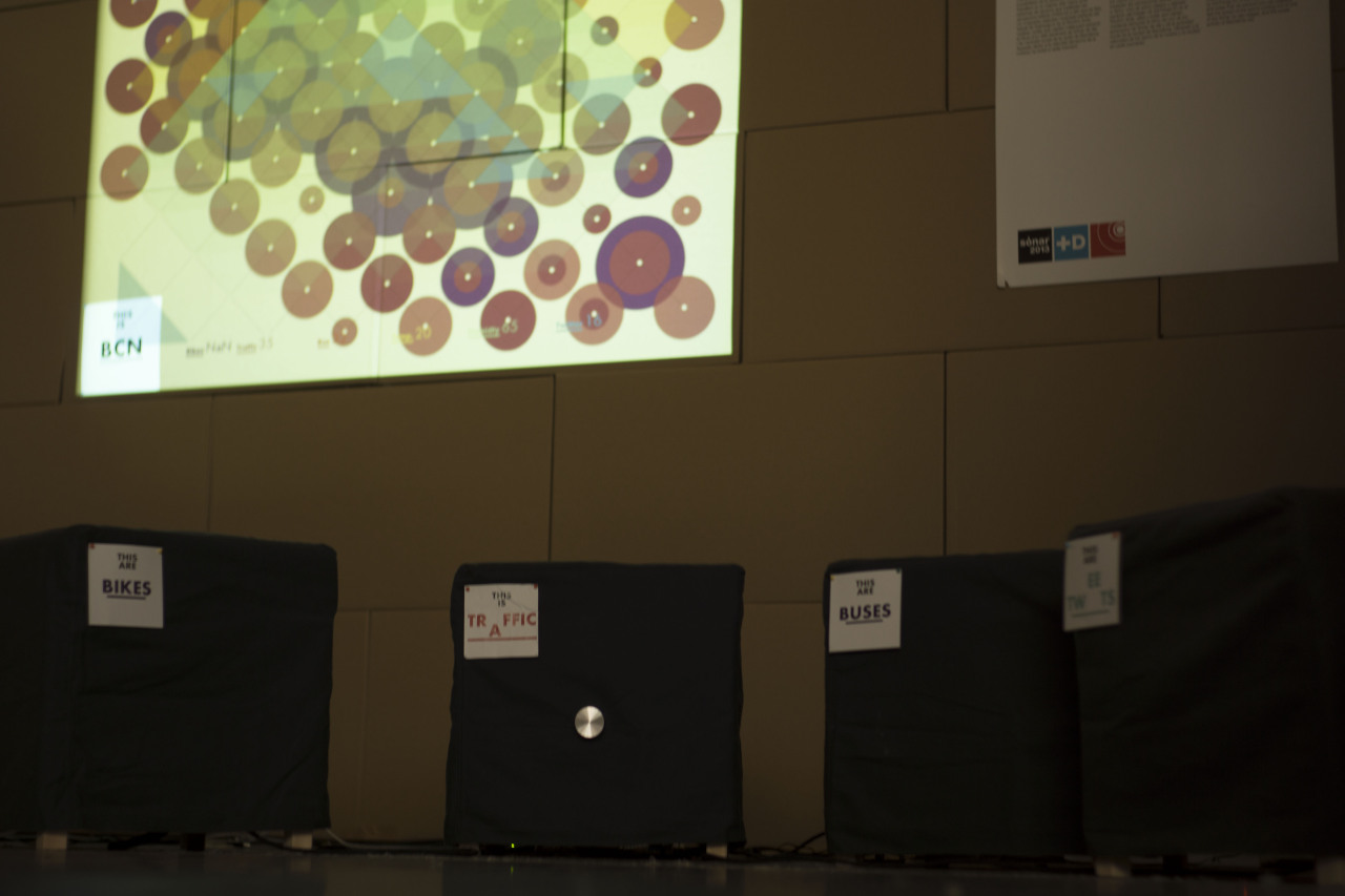 The city of Barcelona is divided into different seats to experience its rhythms. Traffic, Bike sharing, Busses and Tweets are translated into realtime BPMs.
