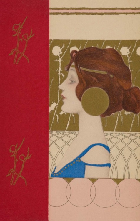 Vintage post cards.1901. Girls face with red border. Color lithograph with metallic pigment on card 