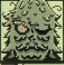 a still image of Magnificus from the second Act of Inscryption. He is pixelated to replicate a 16-bit art style. His right eye is shut while his left eye is open, revealing his pink and blue patterned eye. He is staring directly at the viewer.