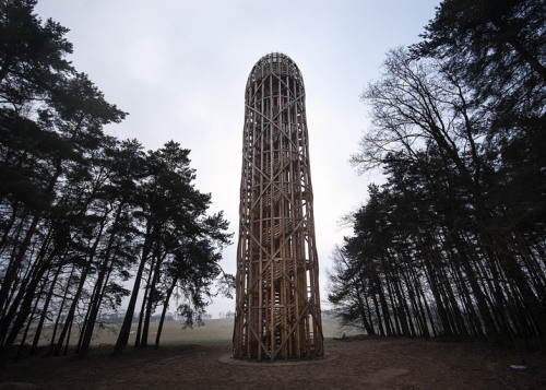 templeofposeidon:  “This 25-metre wooden lookout in the Czech Republic by Mjölk Architekti is named Cucumber Tower in an attempt to discourage association with phallic forms… Constructed from larch, the tower has a straight shaft with a curved