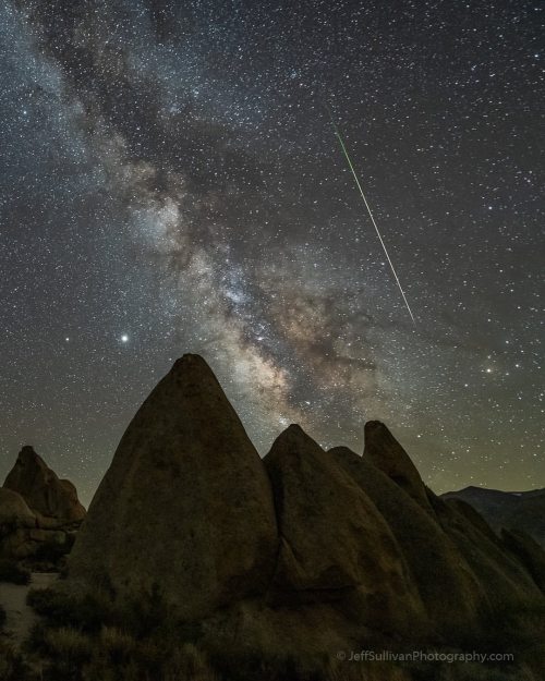 A long, bright Perseid meteor fireball captured last night at 14mm. www.JeffSullivanPhotography.com 