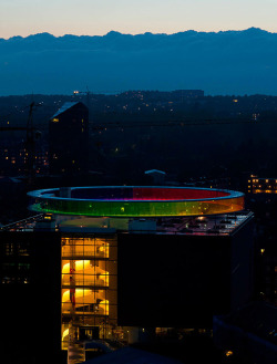 red-lipstick:  Olafur Eliasson (Danish-Icelandic) - Your Rainbow Panorama is a permanent installation on the rooftop of the ARoS Museum in Aarhus, Denmark completed in 2011.