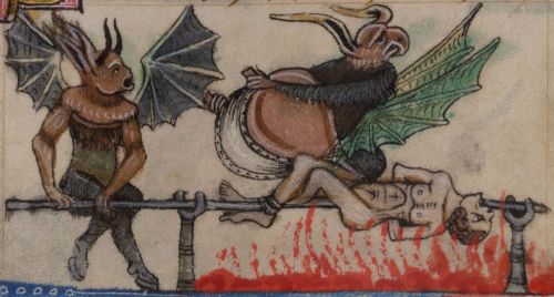 eadfrith: Devils Roasting a Human Soul on a Spit The Taymouth Hours, folio 144r.  Yates Thomspo