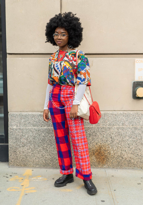 nyc-looks:Natasha, 21“The top and purse are vintage and thrifted. The trousers I designed and made m